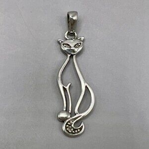 Elongated Cat Pendant Diamond Accents Signed Danbury Mint Sterling Silver 925